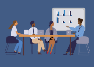 graphic depicting 4 board members having a meeting around a table with a chart in the background