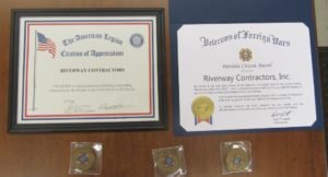 American Legion Citation of Appreciation and VFW Patriotic Citizen Award, with VFW Post 3617 Challenge Coins