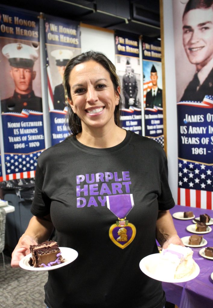 Chelan County Veteran Services Administrative Officer Anna Witherington sporting a "Purple Heart day" shirt.