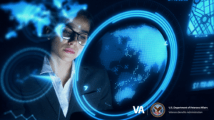 Woman overlooking large clear screen filled with digital computer imagery